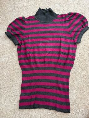 Express women's puff sleeve gray pink stripe knit mock neck top Y2K Size L